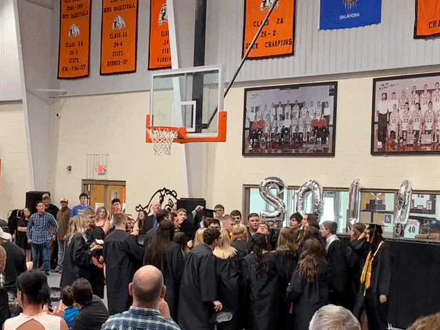 Senior class of 2019 throwing their caps in the air after graduation ceremony